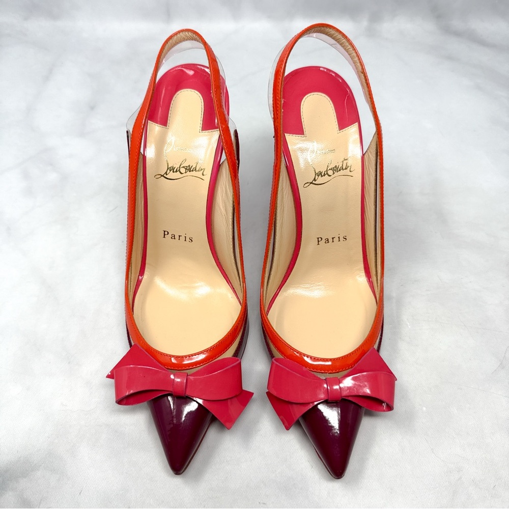 Christian Louboutin Suspenodo Bow Sling 100 Patent Leather Pointed Toe Pump Heel